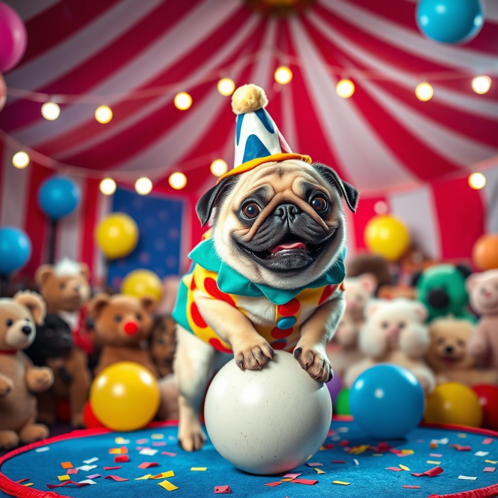 A playful pug in a circus setting, wearing a colorful clown outfit and a mini top hat, performing tricks on a small stage