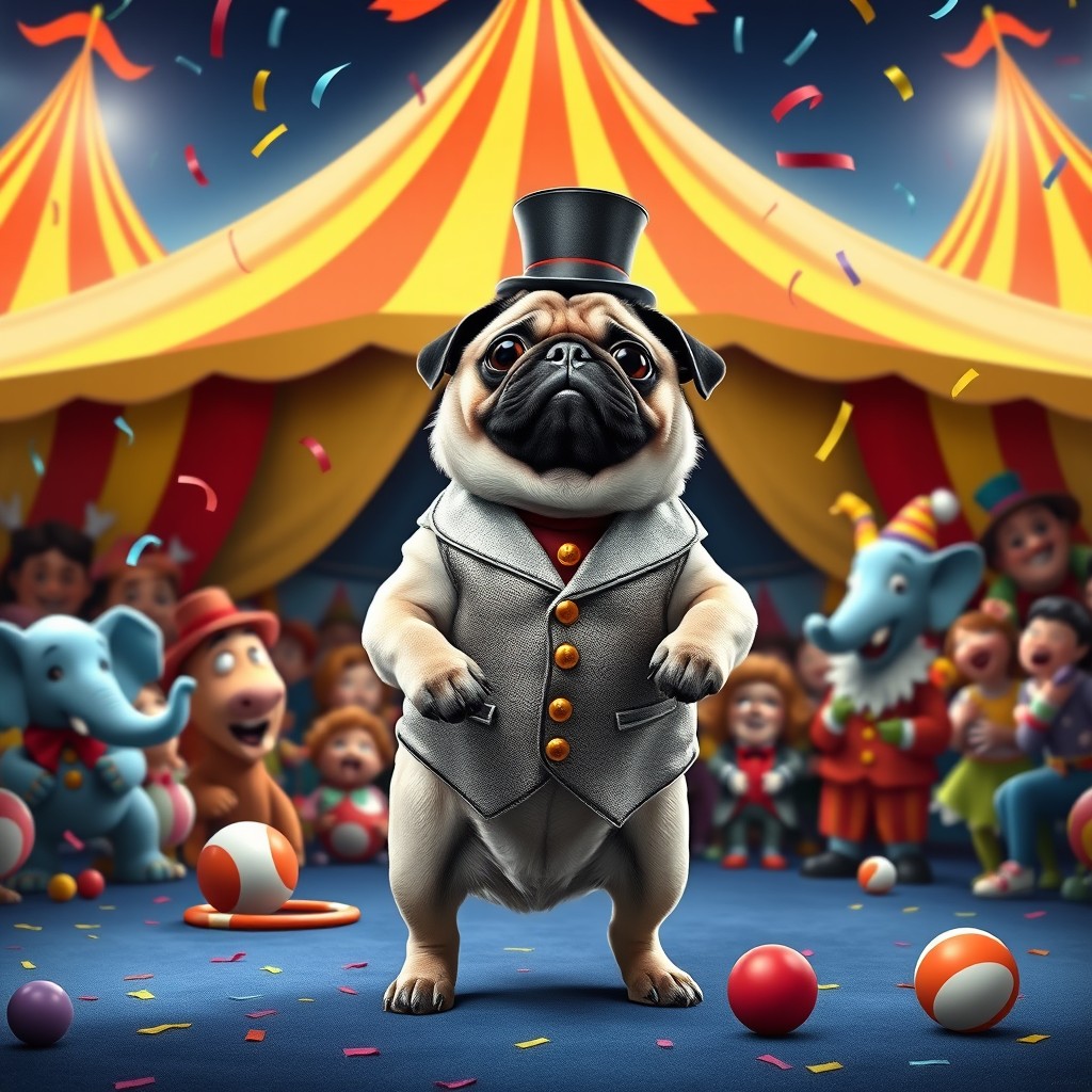 An adorable pug dressed as a circus performer, complete with a shiny vest and a tiny top hat, standing on its hind legs in front of a colorful circus tent