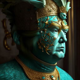 Image of Donald Trump wearing an ornate mask, rendered using Vray tracing techniques. The mask features miniature sculptures and exhibits the vibrant color palette of turquoise and gold. Background is an impressionistic depiction of Venice infused with realistic fantasy elements. The level of detail is incredibly exquisite.