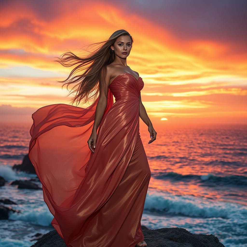 A stunning woman with flowing long hair, dressed in a flowing, elegant gown, standing majestically on a cliff overlooking a beautiful sunset