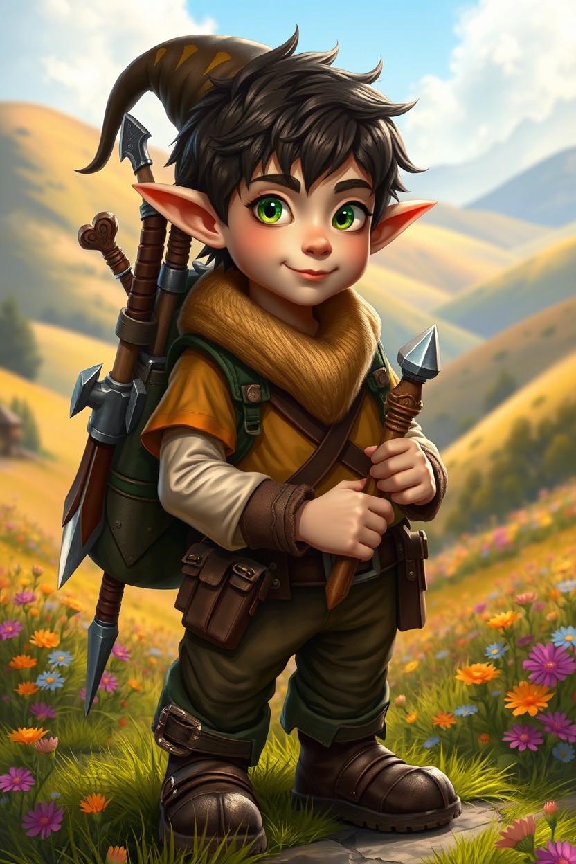 A teenage gnome with green eyes and dark brown hair, standing proudly