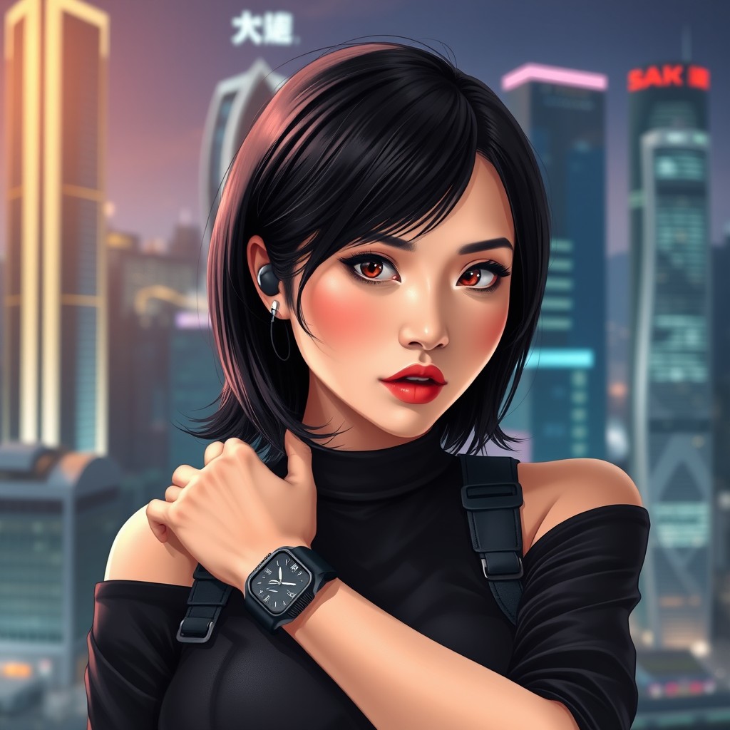 A stunning and elegant Chinese woman depicted as a secret agent, with a confident and graceful pose