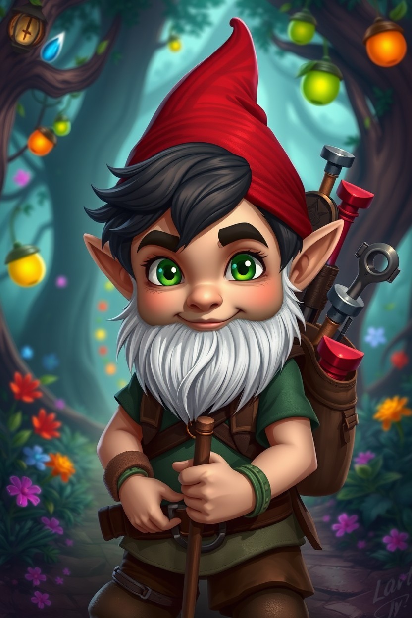 A teenage gnome with small green eyes and dark brown hair, displaying a playful yet resilient expression