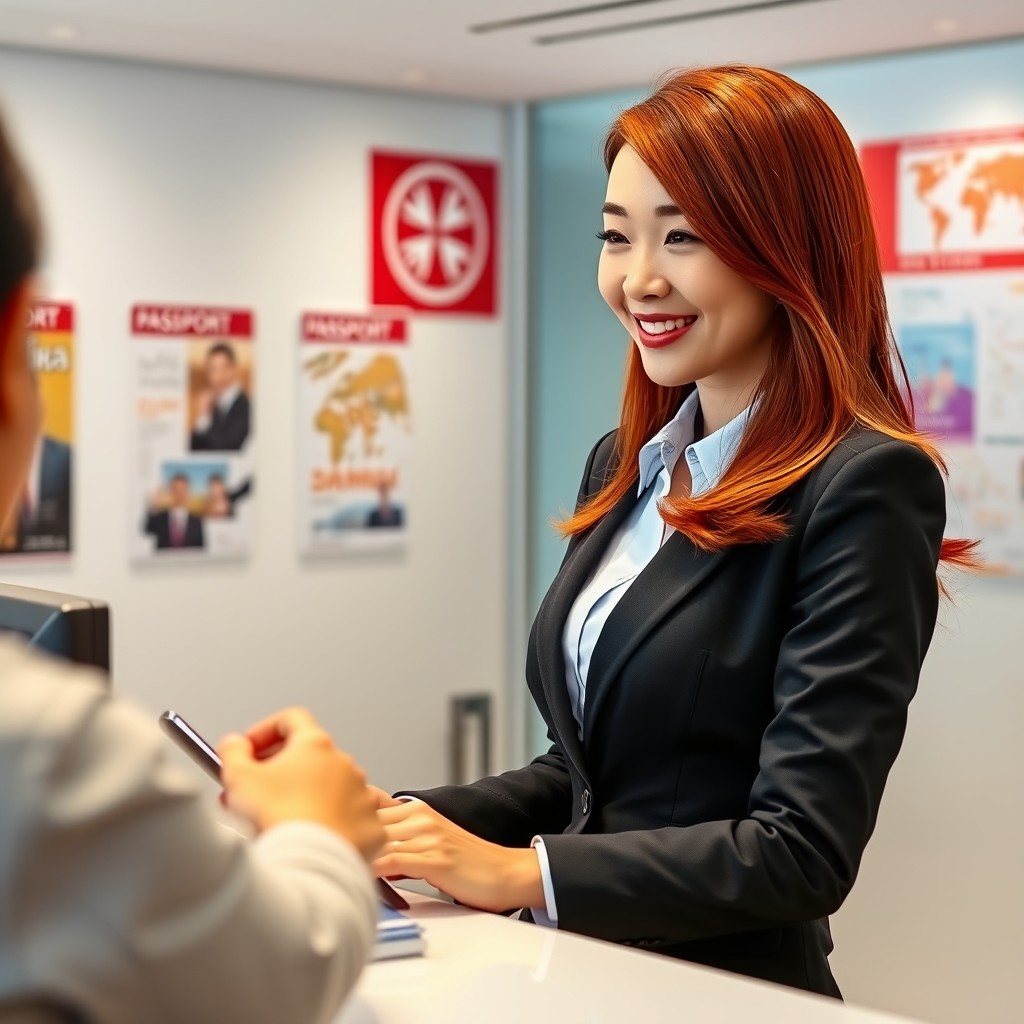 A beautiful Chinese redhead woman working as a passport agent, wearing a smart business outfit, standing behind a passport office desk with an official-looking backdrop