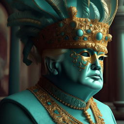 Image of Donald Trump wearing an ornate mask, rendered using Vray tracing techniques. The mask features miniature sculptures and exhibits the vibrant color palette of turquoise and gold. Background is an impressionistic depiction of Venice infused with realistic fantasy elements. The level of detail is incredibly exquisite.