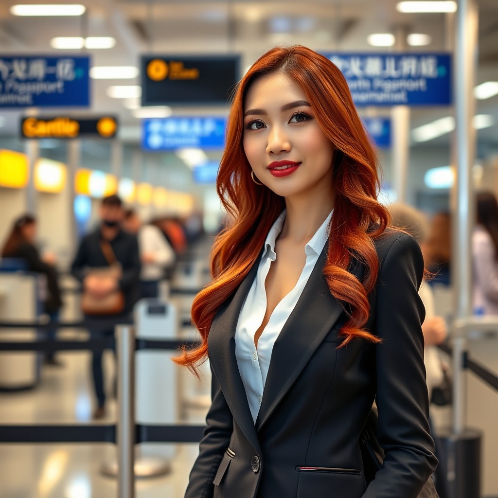 A stunning Chinese redhead woman in a sleek, tailored business suit, standing confidently at an airport passport control area