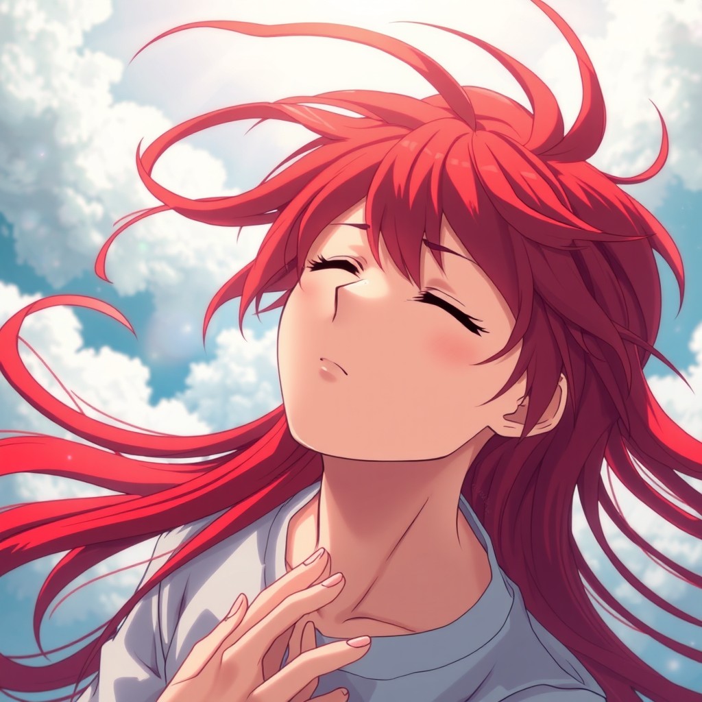A young man with vibrant red long hair, eyes closed in a serene prayer, surrounded by an ethereal atmosphere