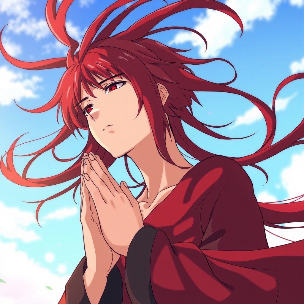 An anime style scene featuring a young man with striking red hair, depicted with flowing long hair that appears to be soaring upwards, as if caught in a gentle breeze