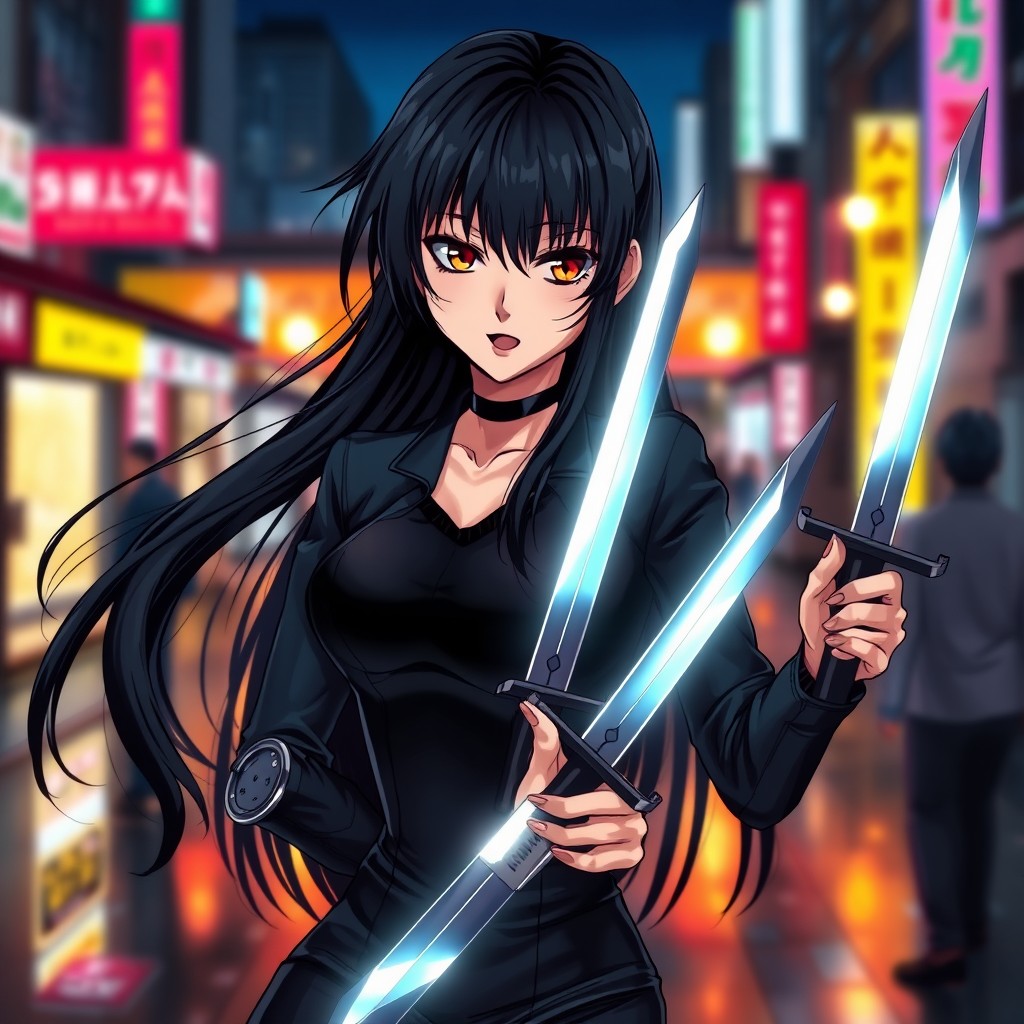 A dark haired anime styled woman confidently holding two gleaming knives, with a fierce expression