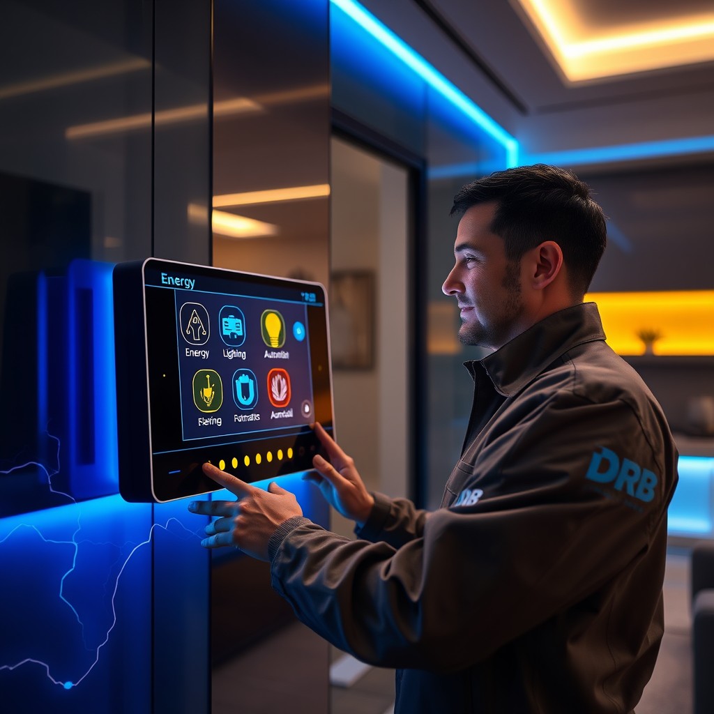 A futuristic smart home control panel featuring glowing icons for energy, lighting, and automation is actively being operated by a technician dressed in a DRB-branded uniform