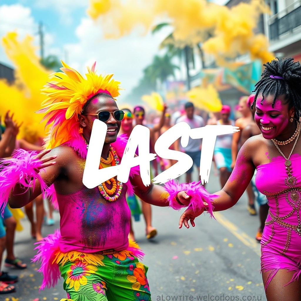 A vibrant Caribbean street party scene inspired by Crop Over J’ouvert/Kadooment, showcasing a joyful atmosphere
