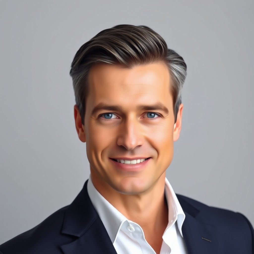 A passport photo of an elegant 43-year-old man with a confident expression