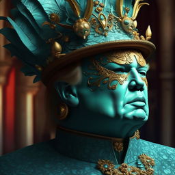 Image of Donald Trump wearing an ornate mask, rendered using Vray tracing techniques. The mask features miniature sculptures and exhibits the vibrant color palette of turquoise and gold. Background is an impressionistic depiction of Venice infused with realistic fantasy elements. The level of detail is incredibly exquisite.