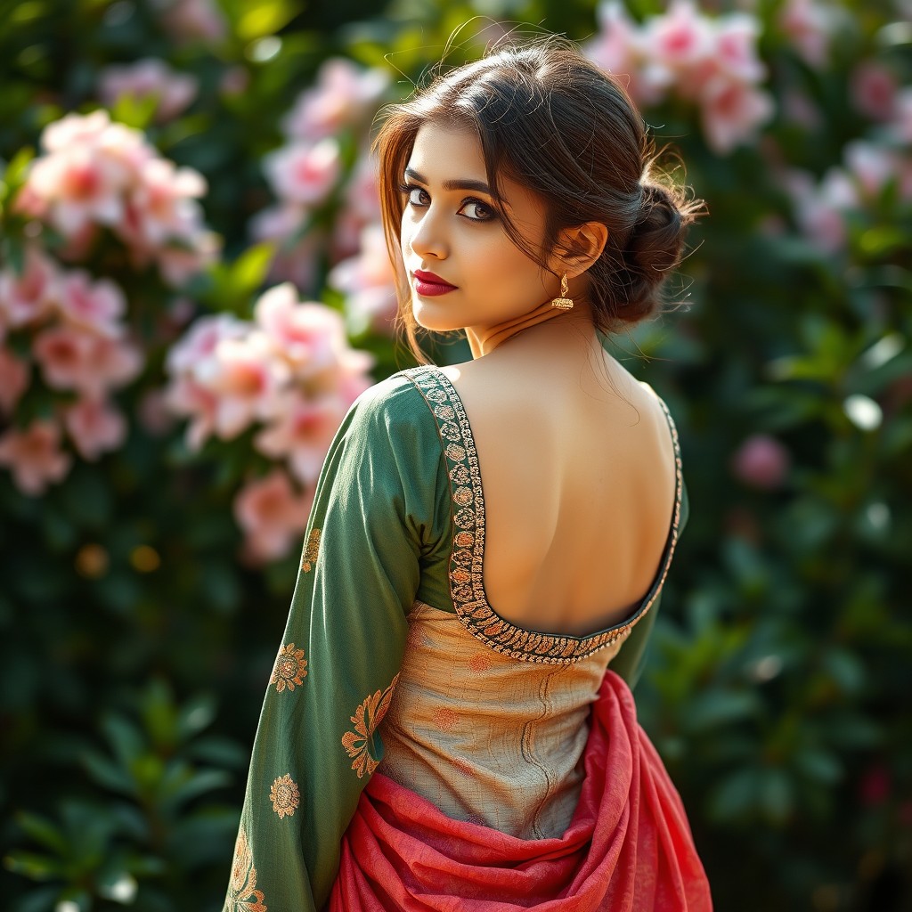 A striking portrait of a Pakistani girl dressed in a traditional outfit that is artfully arranged to highlight her back