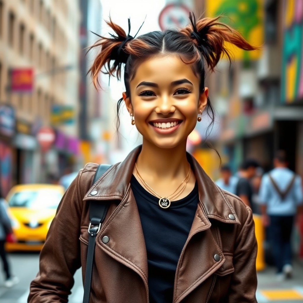A self-made girl, confident and empowered, standing proudly in a vibrant urban setting