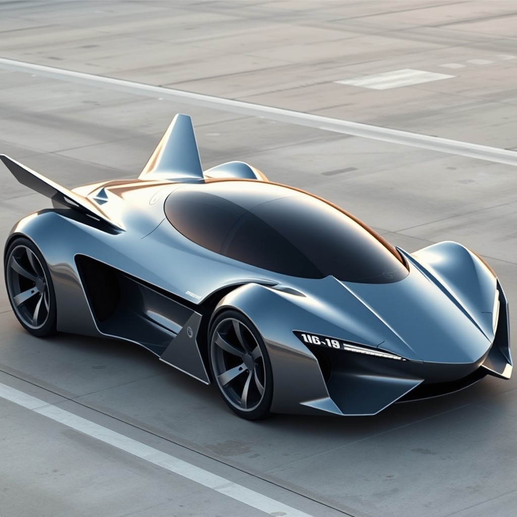 A futuristic car designed in the shape of an inverted F16 fighter jet, featuring sleek lines and aerodynamic contours