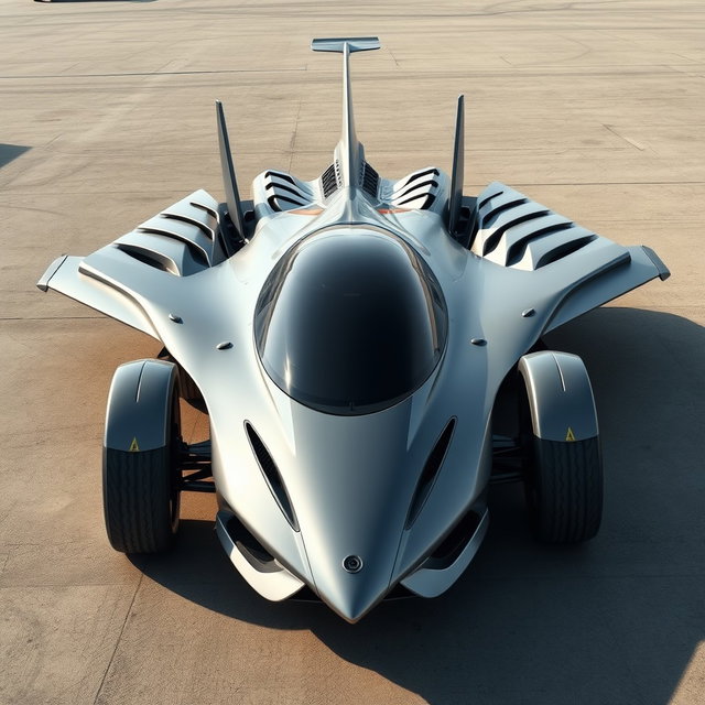 A futuristic car designed in the shape of an inverted F16 fighter jet, featuring sleek lines and aerodynamic contours