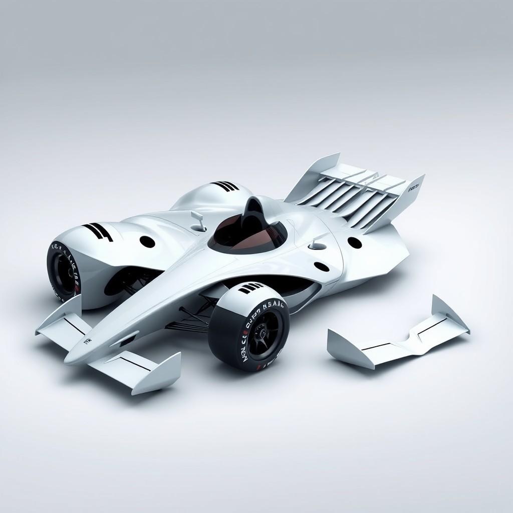 A futuristic Formula 1-inspired car designed in the shape of an inverted F16 fighter jet, featuring sleek lines and aerodynamic contours