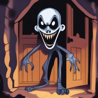 In the haunted house, the ghostly goof with a menacing grin scared the visitors with his spine-chilling pranks.
