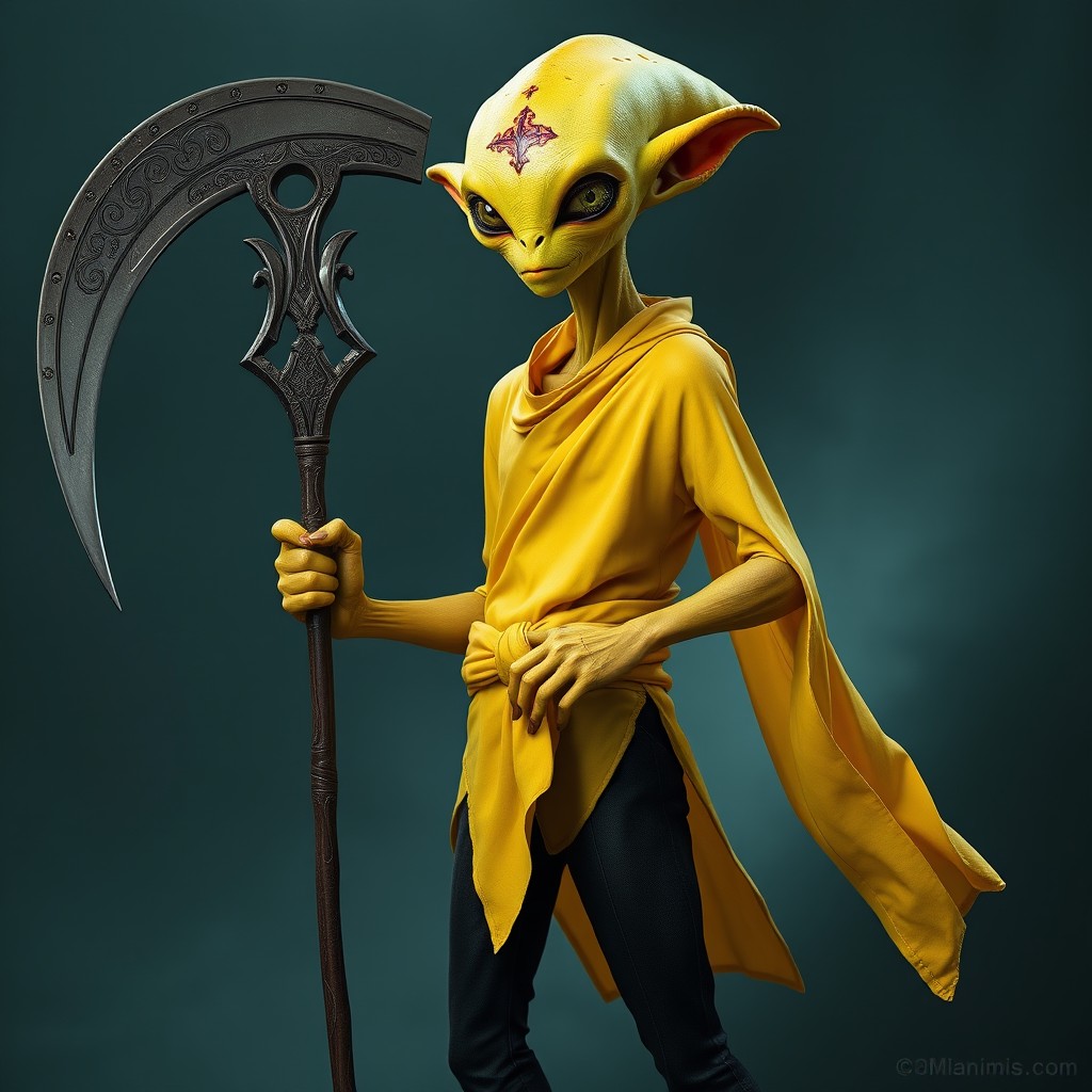 An intriguing alien character with vibrant yellow skin and a distinctly alien face that features unusual and captivating features