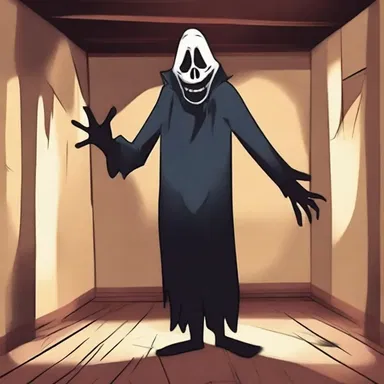 In the haunted house, the ghostly goof with a menacing grin scared the visitors with his spine-chilling pranks.