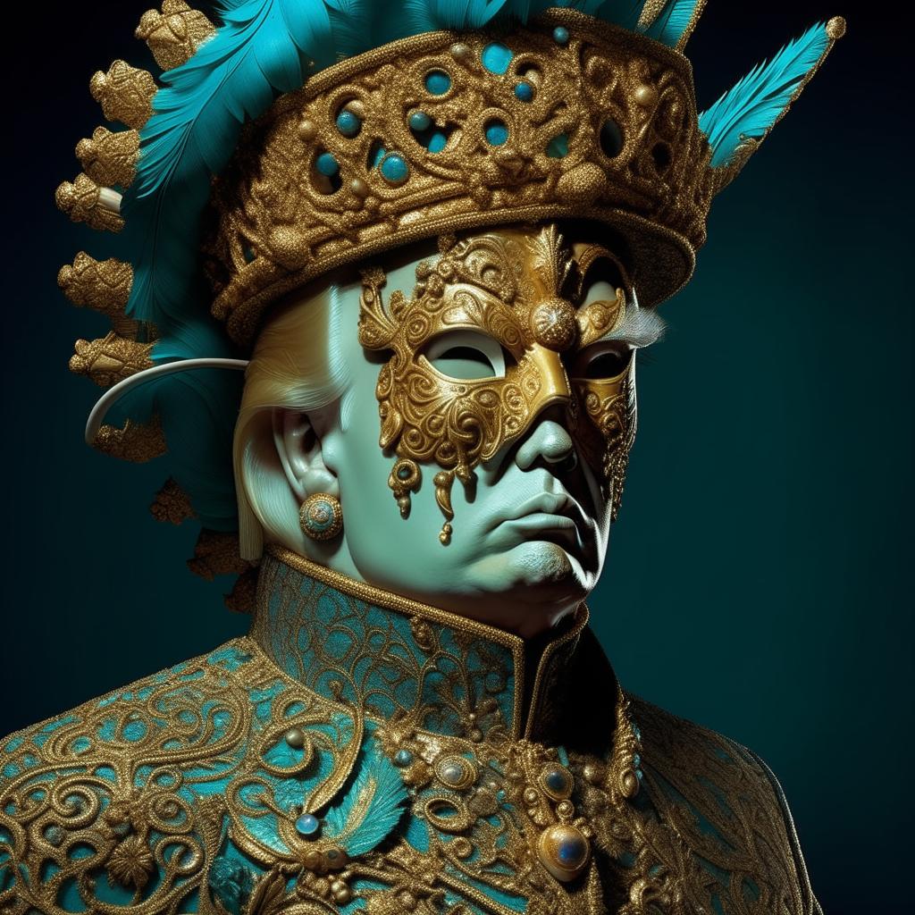 Image of Donald Trump wearing an ornate mask, rendered using Vray tracing techniques. The mask features miniature sculptures and exhibits the vibrant color palette of turquoise and gold. Background is an impressionistic depiction of Venice infused with realistic fantasy elements. The level of detail is incredibly exquisite.