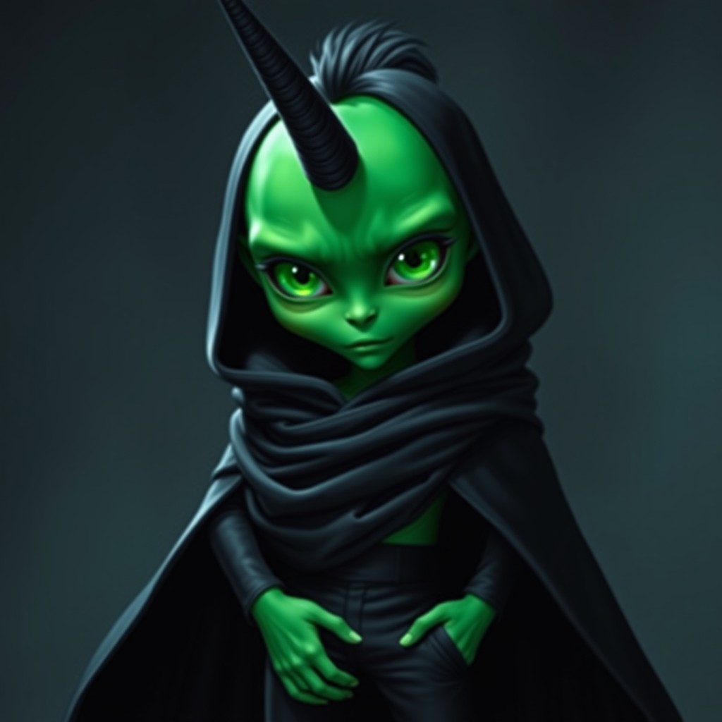An enigmatic alien character featuring striking green skin that radiates an otherworldly charm