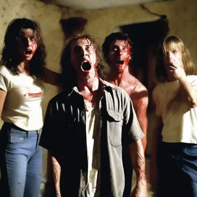 In the horror movie, the group of friends enters an abandoned house and encounters a terrifying goof who turns out to be a serial killer.