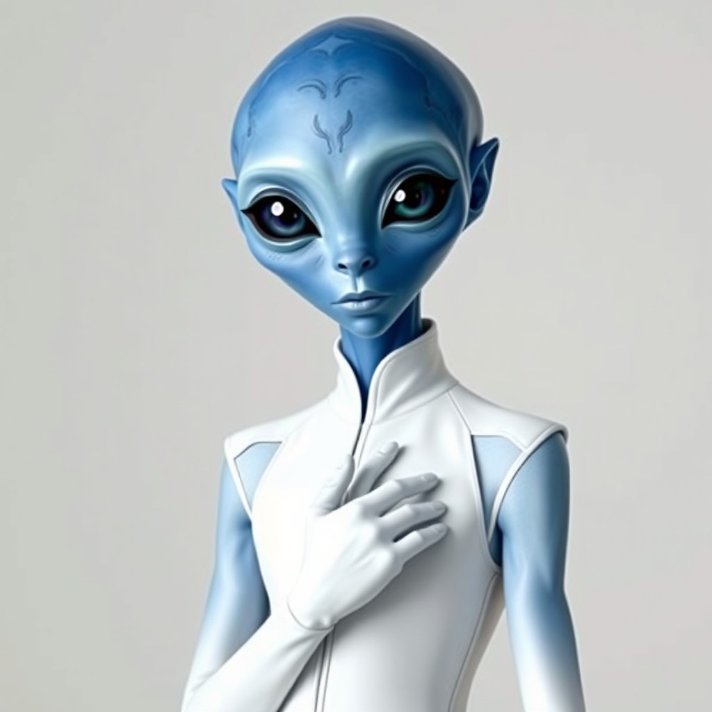 A captivating alien character featuring a striking blue face that exudes an otherworldly charm and allure