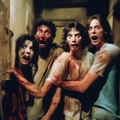 In the horror movie, the group of friends enters an abandoned house and encounters a terrifying goof who turns out to be a serial killer.