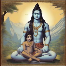 Mahadev, the great Hindu deity, in a serene and compassionate state, embracing a young boy who seems melancholic or upset, set against a tranquil backdrop.