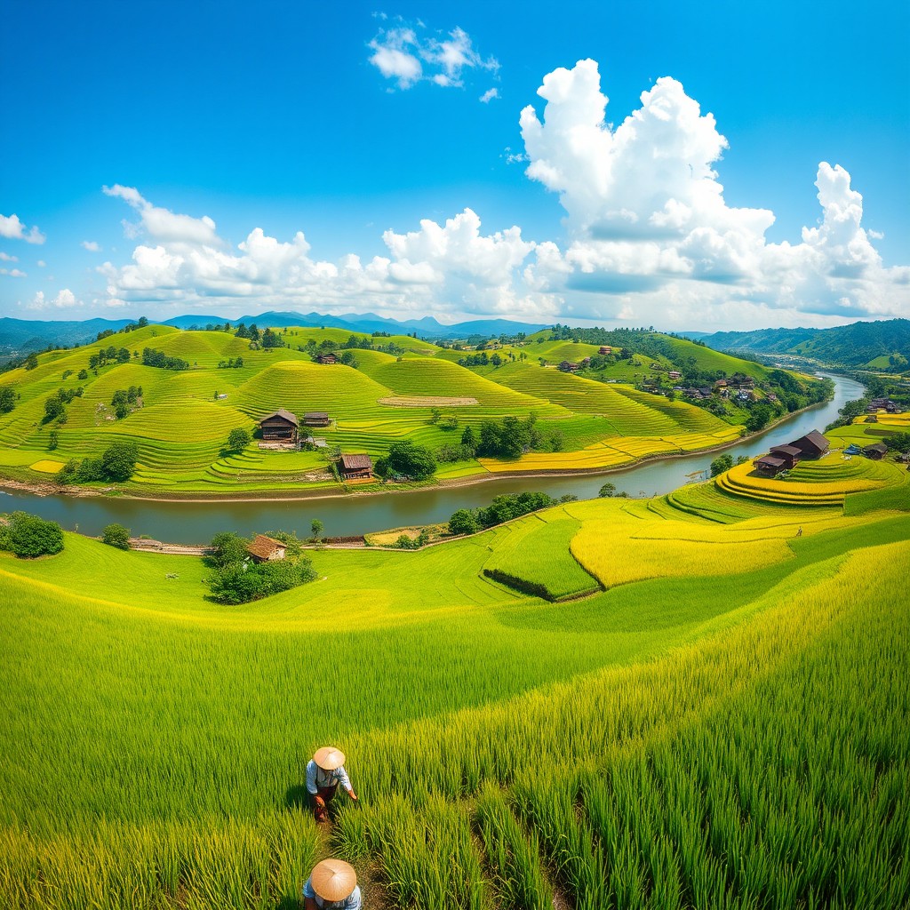 A breathtaking panoramic view of the Vietnamese countryside, showcasing lush green rice paddies with vibrant shades of green and gold