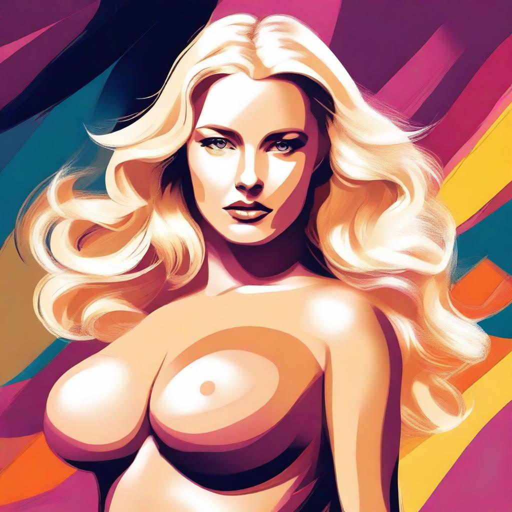 A digital art piece showcasing a blonde woman with a voluptuous figure