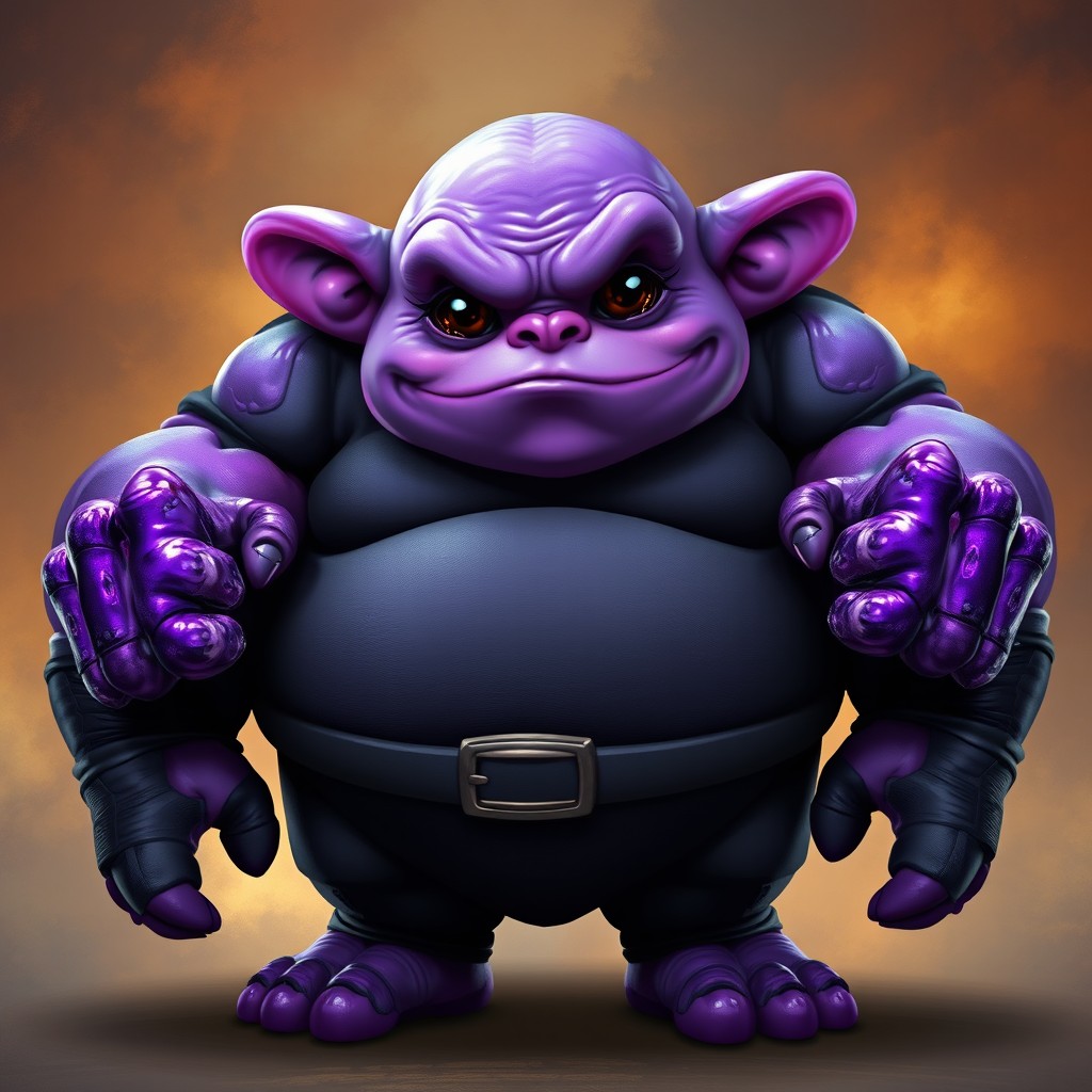 A formidable ogre character with a chubby purple alien face that combines whimsy with strength