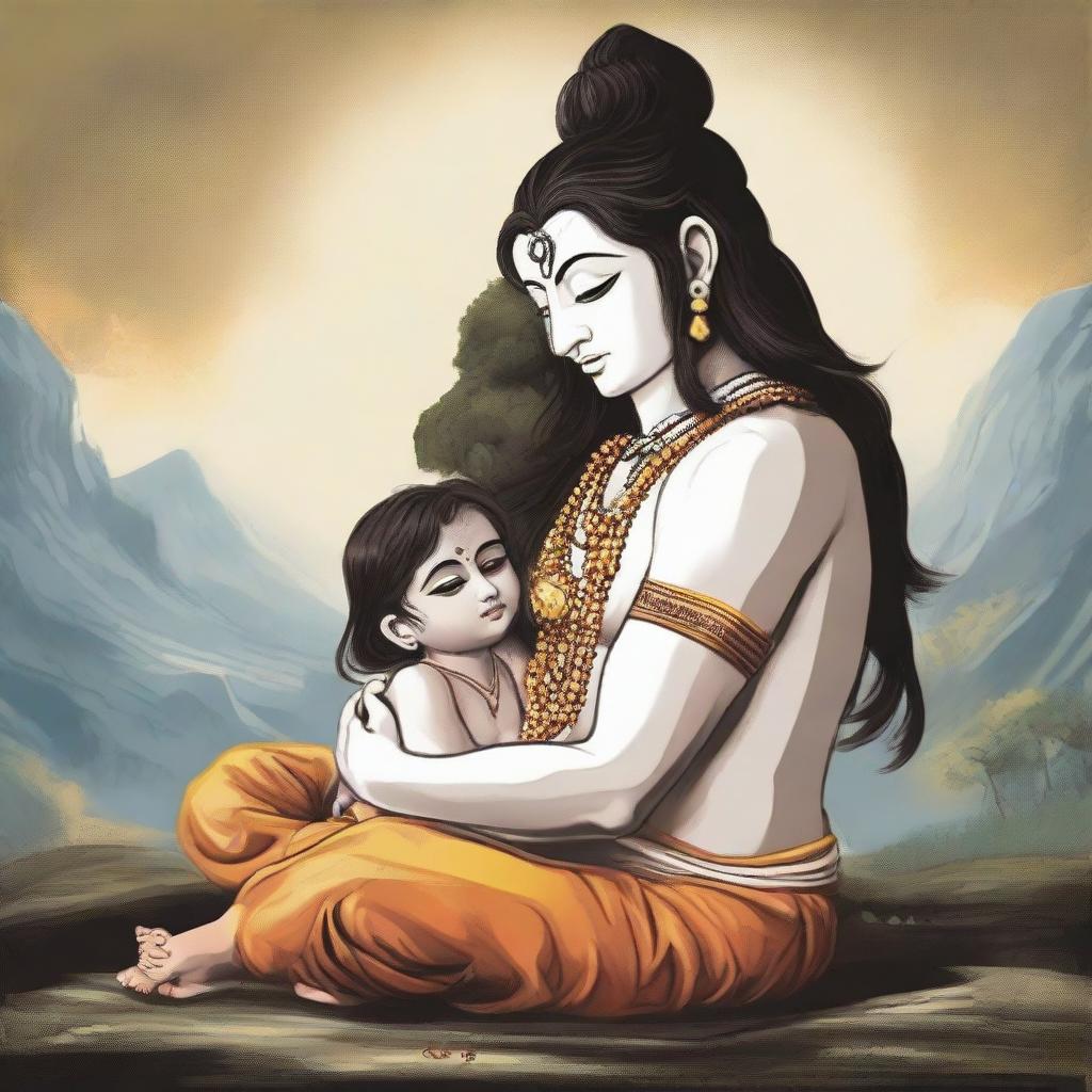 Mahadev, the great Hindu deity, in a serene and compassionate state, embracing a young boy who seems melancholic or upset, set against a tranquil backdrop.