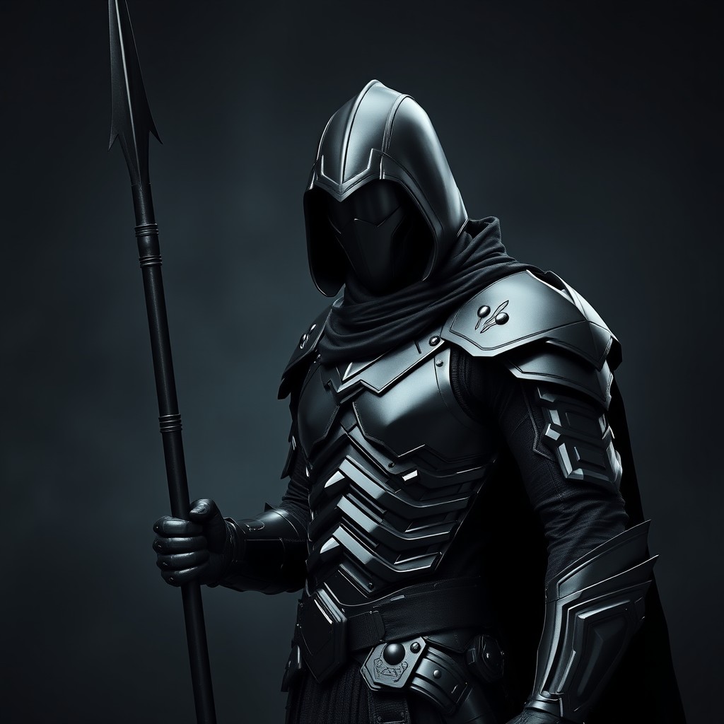 A mysterious character clad entirely in sleek black armor that emphasizes an imposing and formidable presence