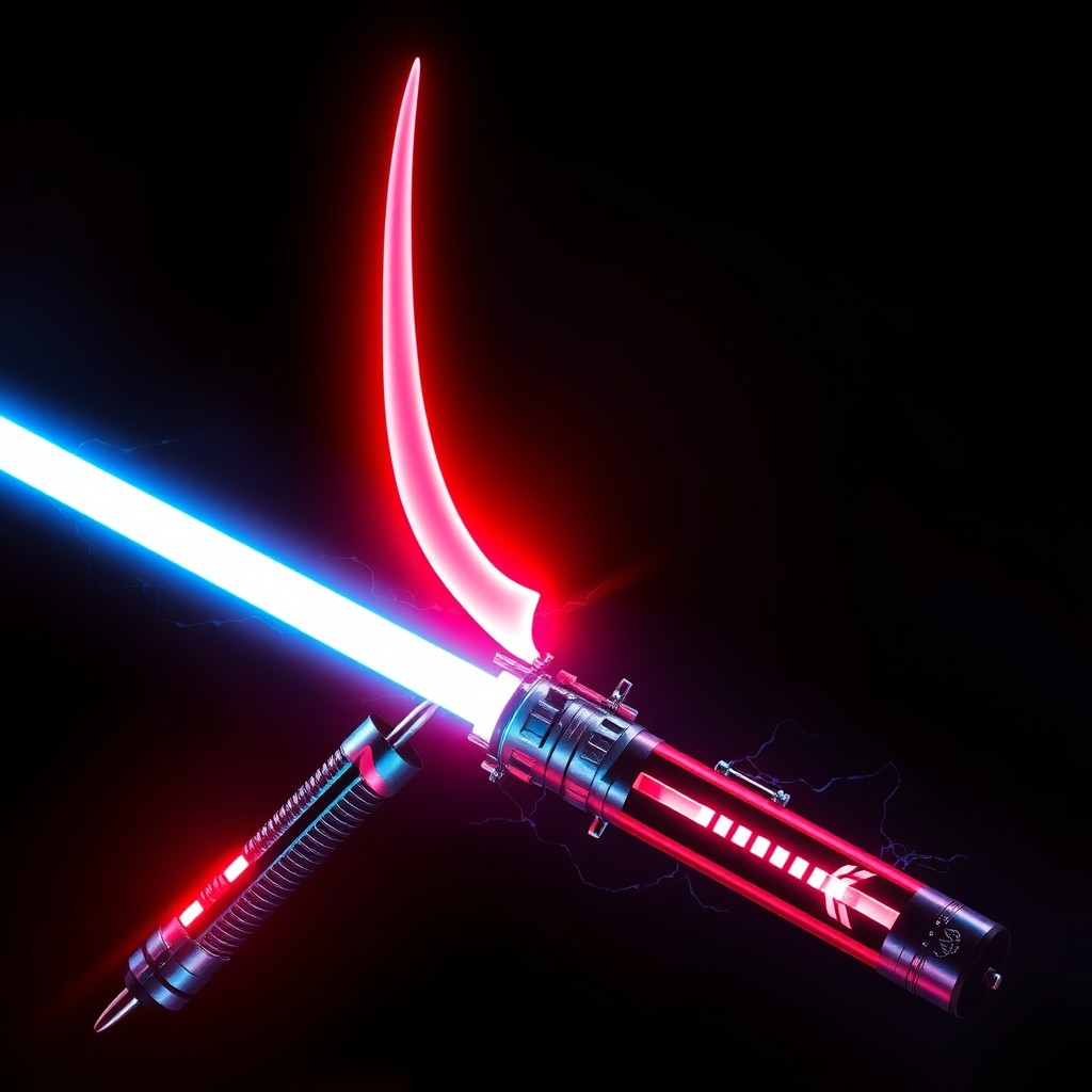 An eye-catching double-bladed lightsaber, designed with a unique katana-inspired blade shape, featuring two sleek, curved blades that taper to pointed tips