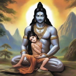 Mahadev, the great Hindu deity, in a serene and compassionate state, embracing a young boy who seems melancholic or upset, set against a tranquil backdrop.