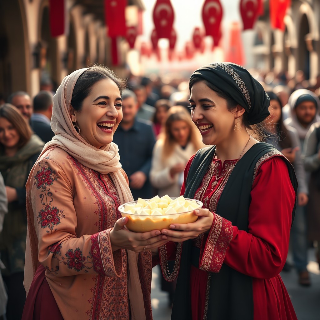 A traditional Turkish Ashura Day scene featuring two happy people in the foreground, joyfully exchanging a bowl of aşure dessert with broad smiles that reflect festive spirit