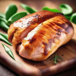 A digital art image featuring a close-up depiction of a large chicken breast, seasoned and grilled to perfection, placed on a wooden chopping board