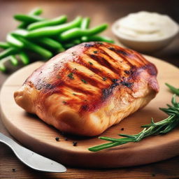 A digital art image featuring a close-up depiction of a large chicken breast, seasoned and grilled to perfection, placed on a wooden chopping board