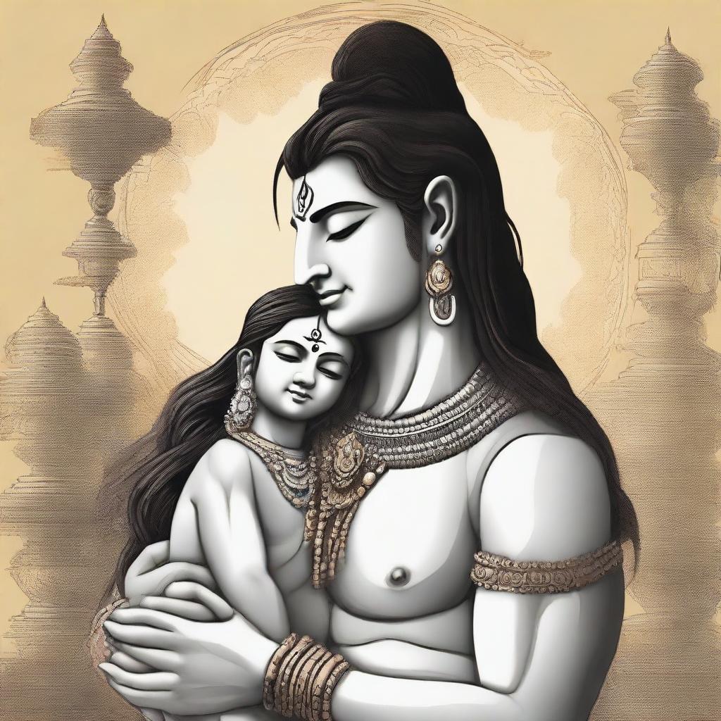 Mahadev, the great Hindu deity, in a serene and compassionate state, embracing a young boy who seems melancholic or upset, set against a tranquil backdrop.