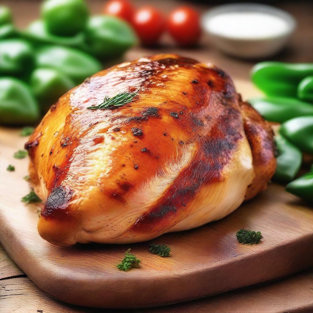 A digital art image featuring a close-up depiction of a large chicken breast, seasoned and grilled to perfection, placed on a wooden chopping board