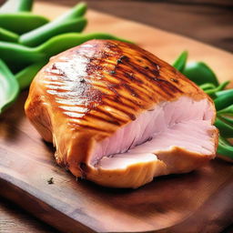 A digital art image featuring a close-up depiction of a large chicken breast, seasoned and grilled to perfection, placed on a wooden chopping board