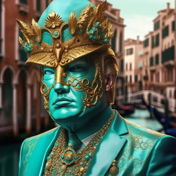 Depict Donald Trump wearing a detailed, turquoise and gold mask featuring miniature sculptures, with Vray tracing and cloisonnism techniques. The backdrop includes impressionistic scenes of Venice combined with elements of realistic fantasy art. Aim for an exquisite level of detail.