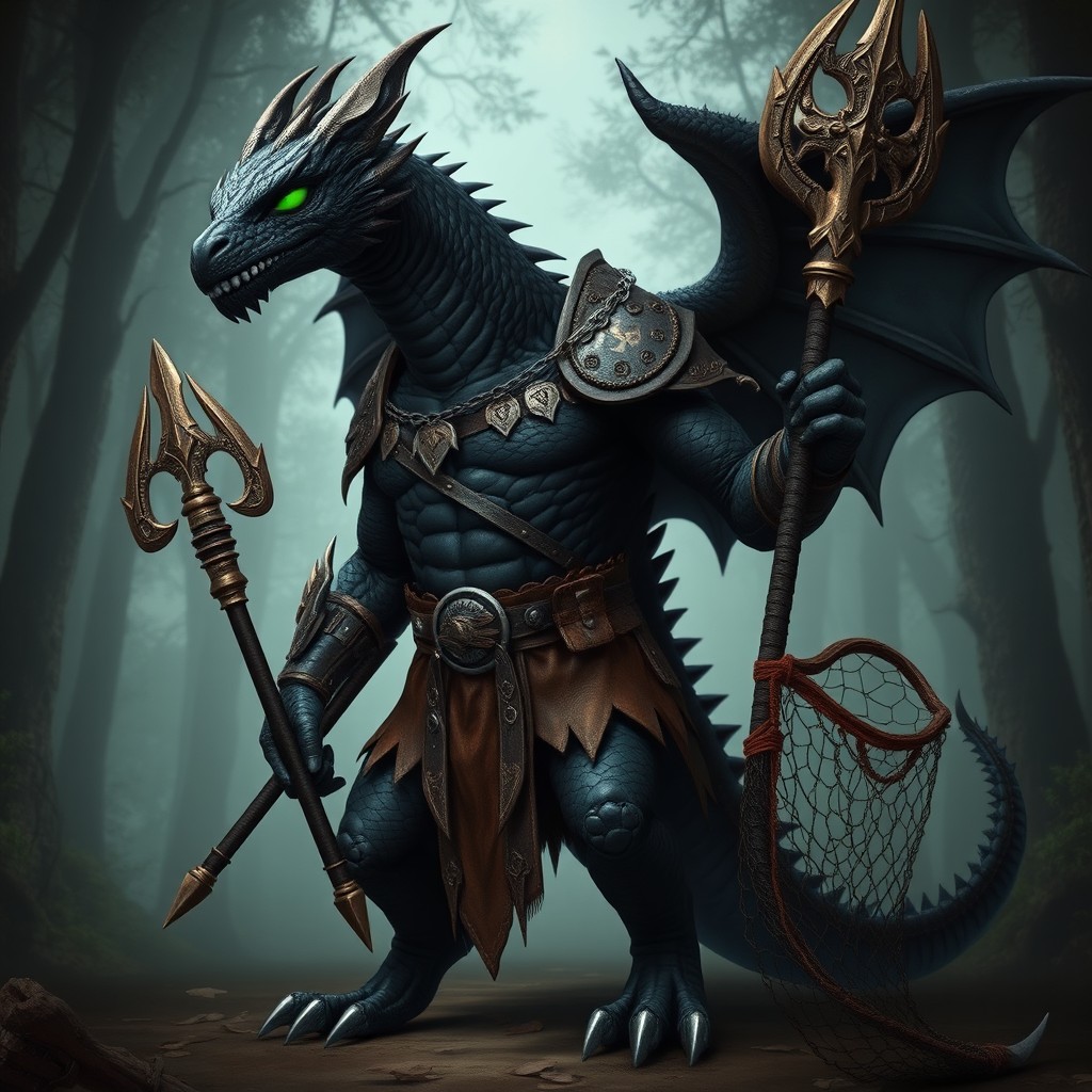 A majestic black dragonoid with striking green eyes, standing proudly