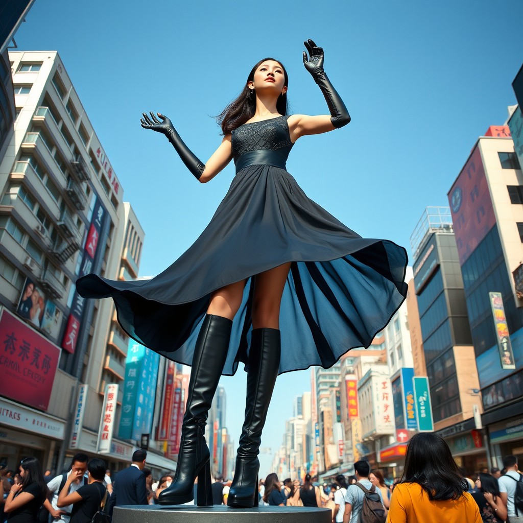 A stunning giantess Chinese supermodel towering gracefully over a bustling cityscape