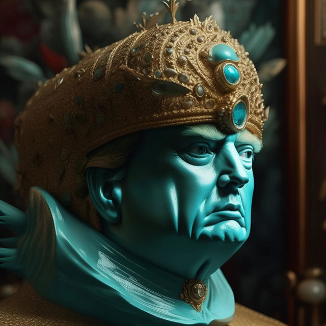 Depict Donald Trump wearing a detailed, turquoise and gold mask featuring miniature sculptures, with Vray tracing and cloisonnism techniques. The backdrop includes impressionistic scenes of Venice combined with elements of realistic fantasy art. Aim for an exquisite level of detail.