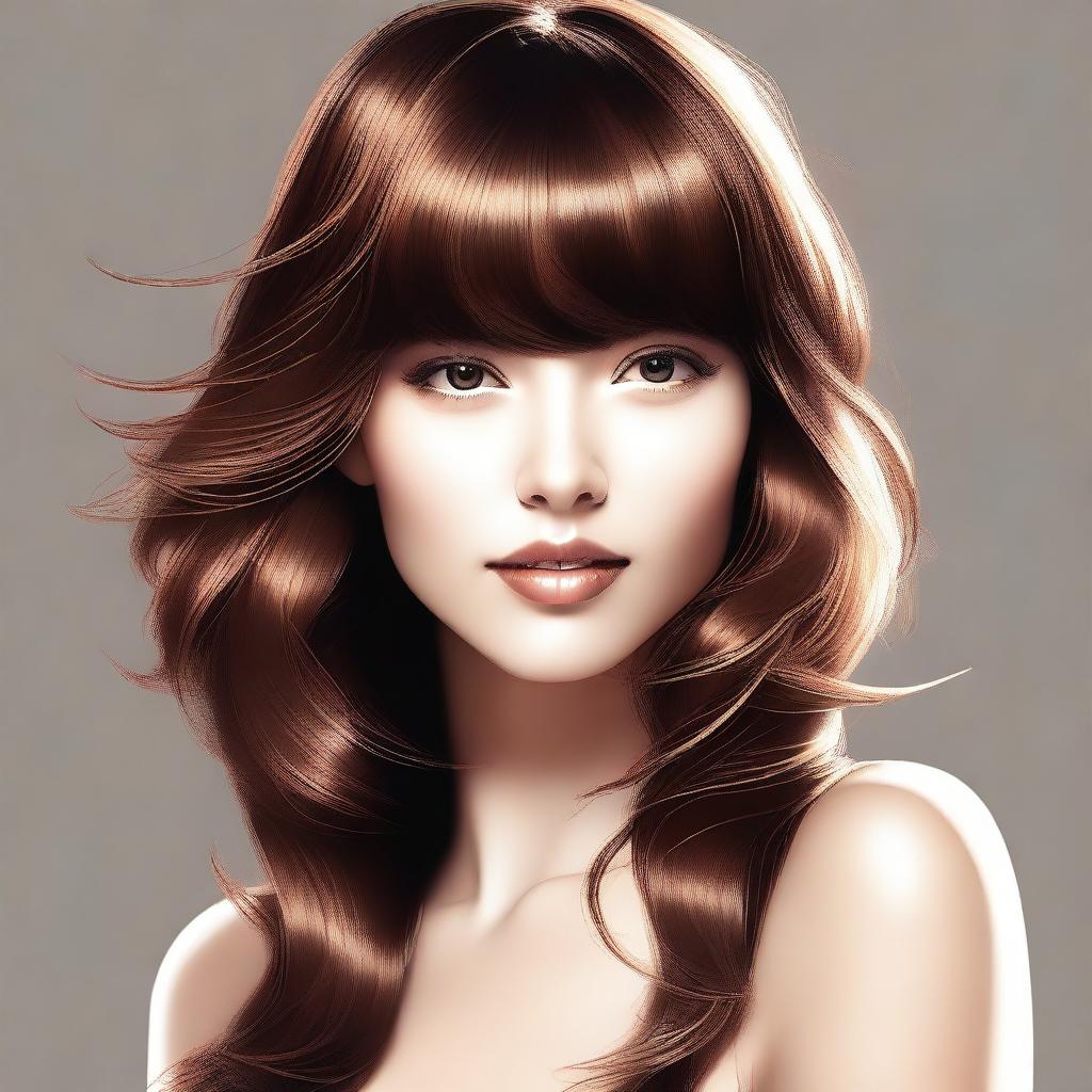 A high-quality digital art image showcasing a stylish young woman with shiny brown hair styled in bangs