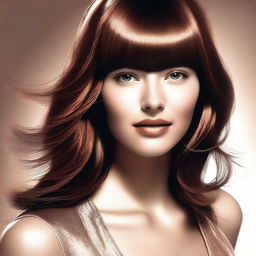 A high-quality digital art image showcasing a stylish young woman with shiny brown hair styled in bangs